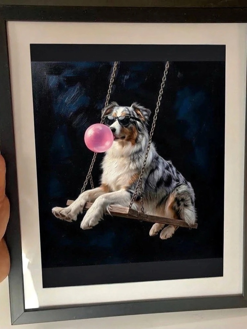 Cool Australian Shepherd Art Print – Dog on Swing with Bubblegum & Sunglasses ar